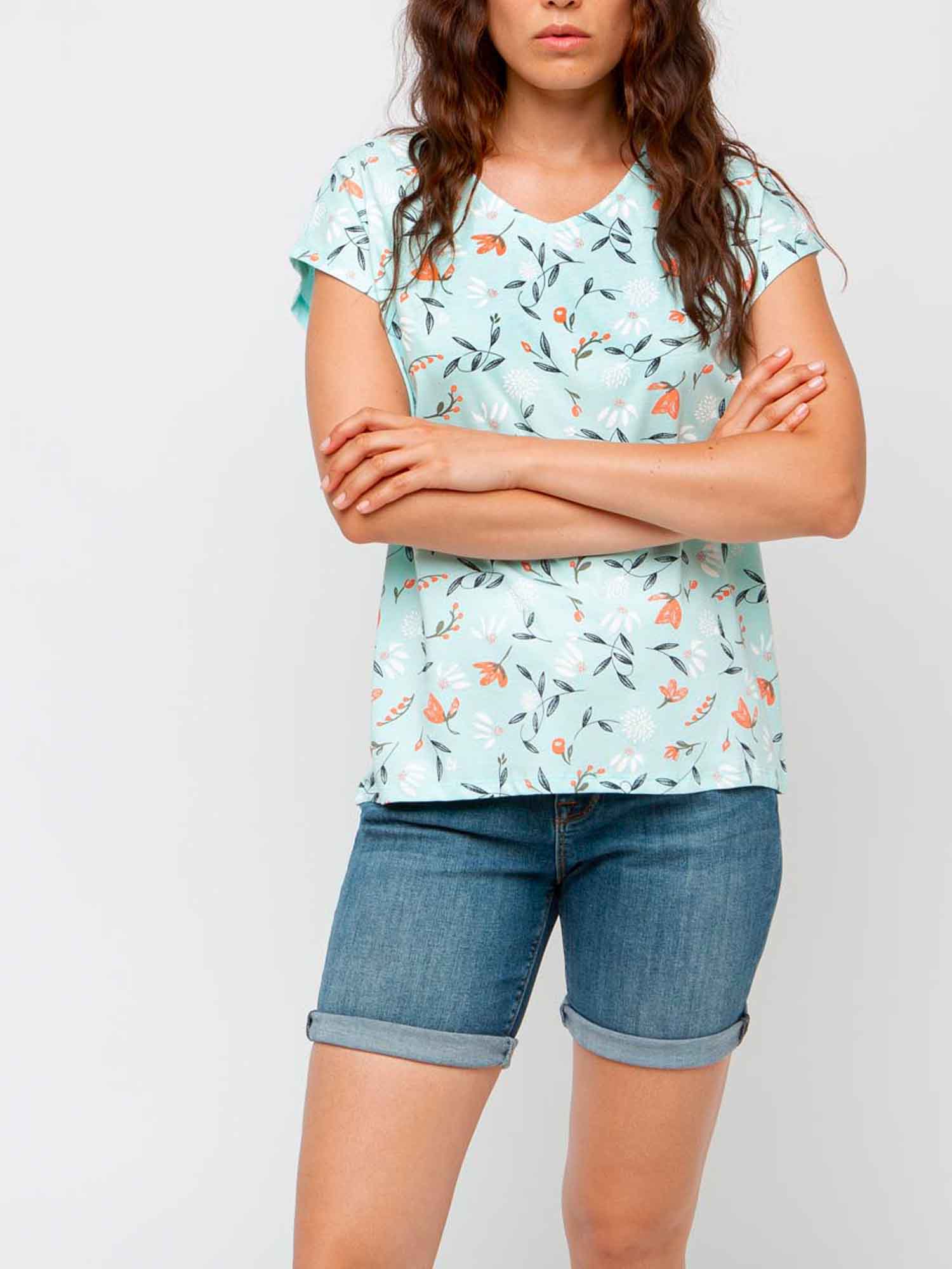 Tee Shirt Femme Motif Floral Bleu Clair