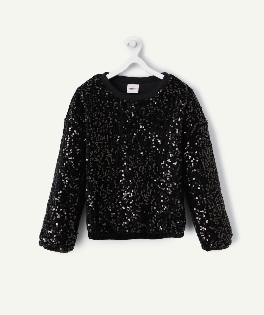 SWEAT FILLE EN VELOURS NOIR ET À SEQUINS