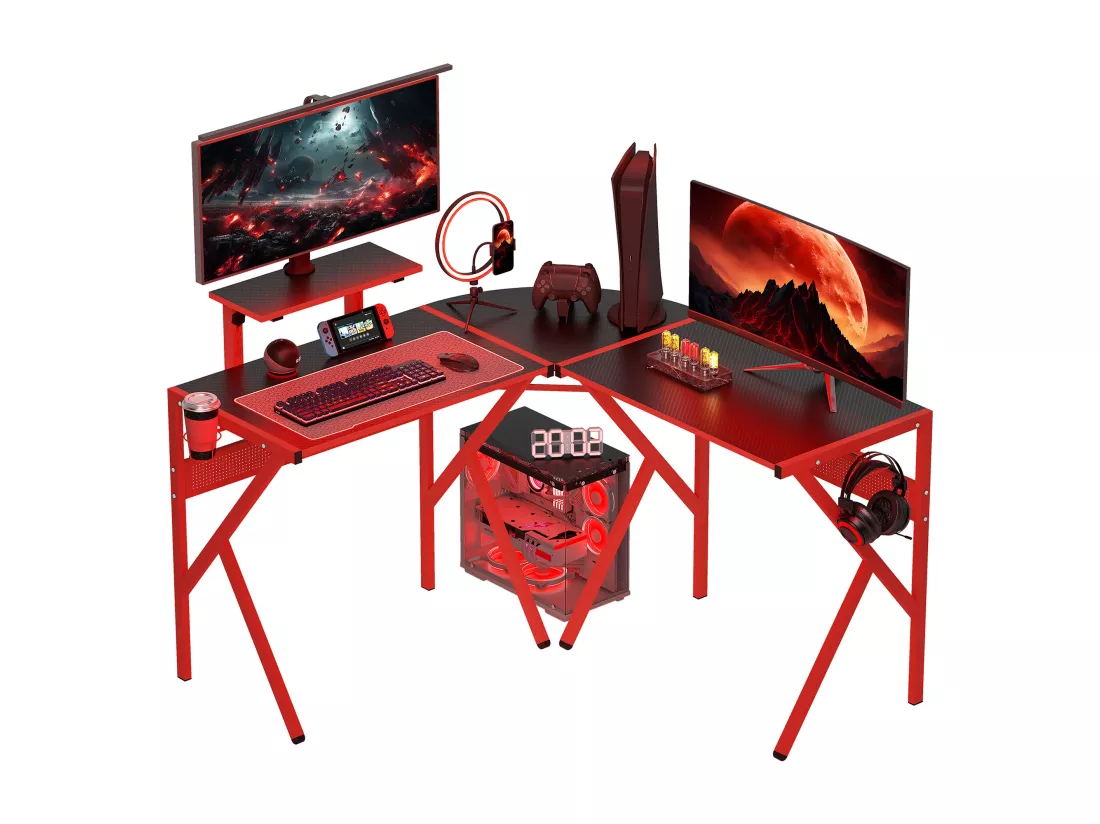 Bureau gaming d'angle bureau gamer bureau informatique bracket casque porte-gobelet étagère écran réglable métal panneaux texture carbone noir rouge
