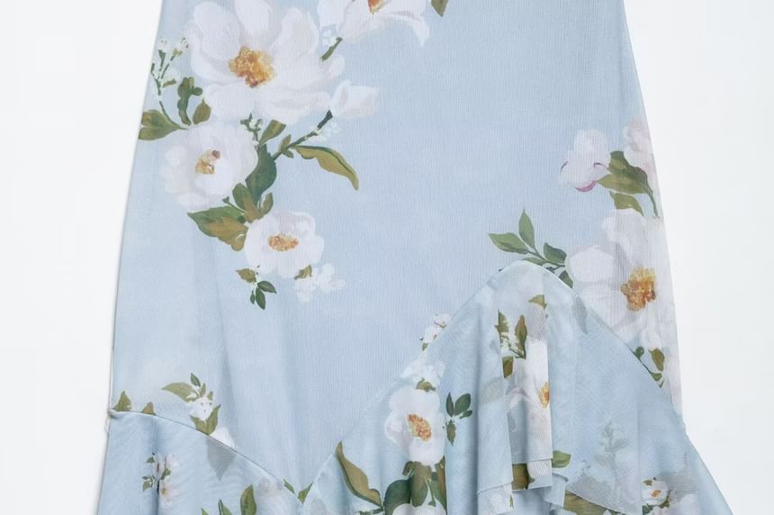 Cumulys - Spaghettibandjes bloemenprint ruches asymmetrische mini A-lijn jurk