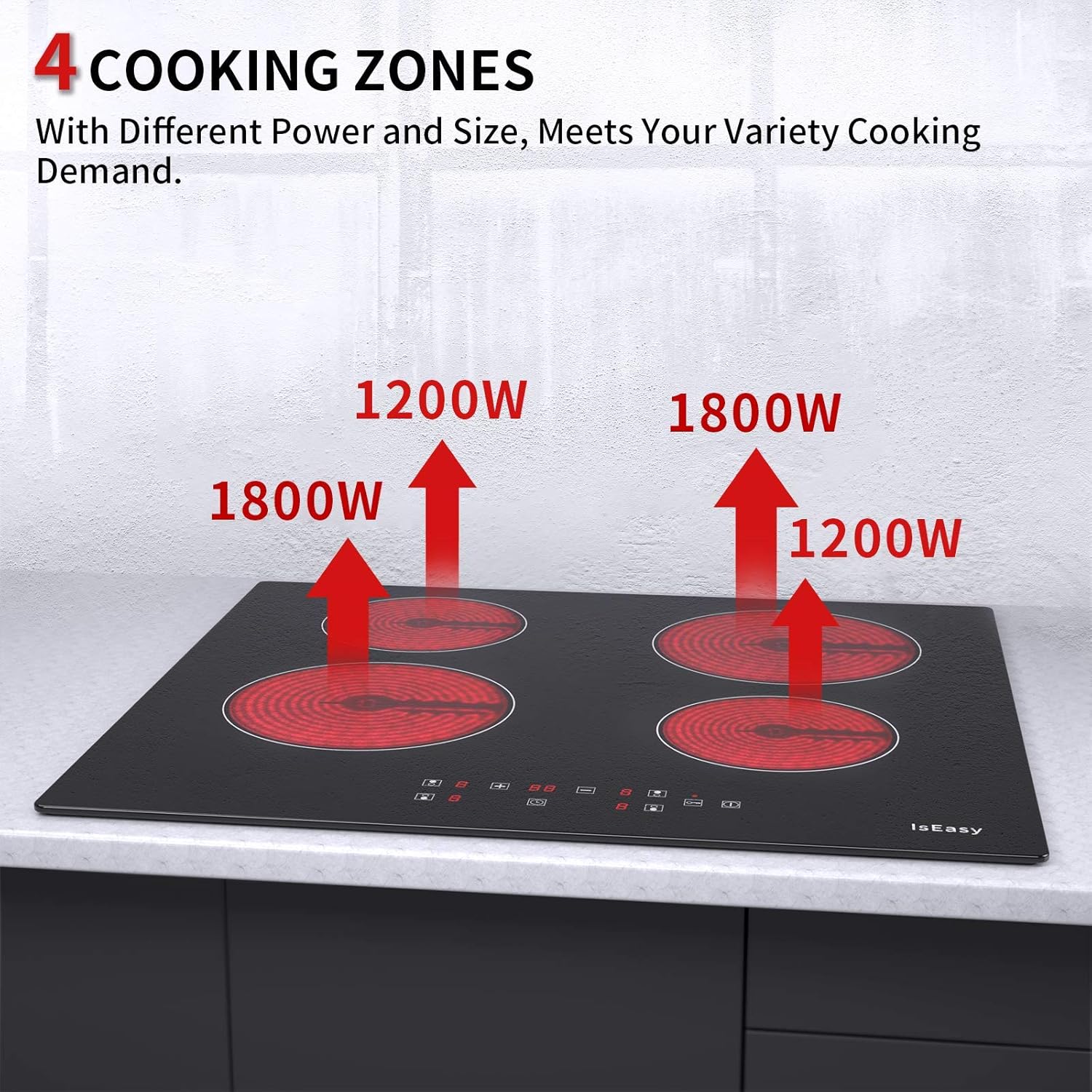 Glaskeramikkochfeld, IsEasy Glaskeramikkochfeld 4 platten, 60cm 6000W, Kochfeld mit 4 Kochzonen, Elektro Autark Eingebaut Keramikkochfeld, 9 Heizstufen, Timer, Kindersicherung, Kein Stecker