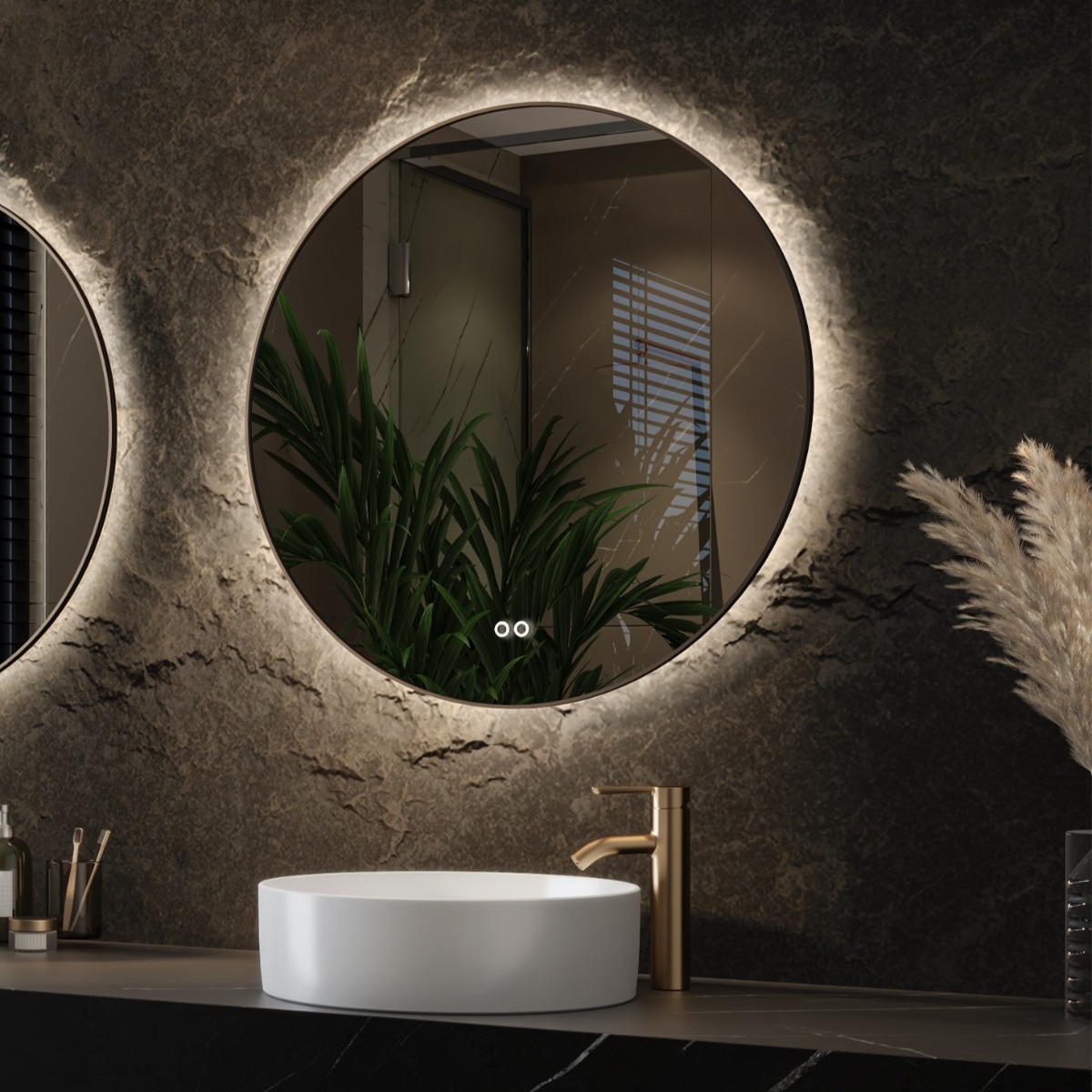 Hipp Design 13500 ronde spiegel 80cm matzwart met LED en spiegelverwarming
