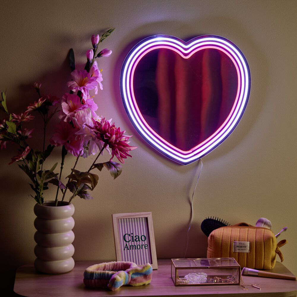 Miroir néon forme coeur rose 40x40cm