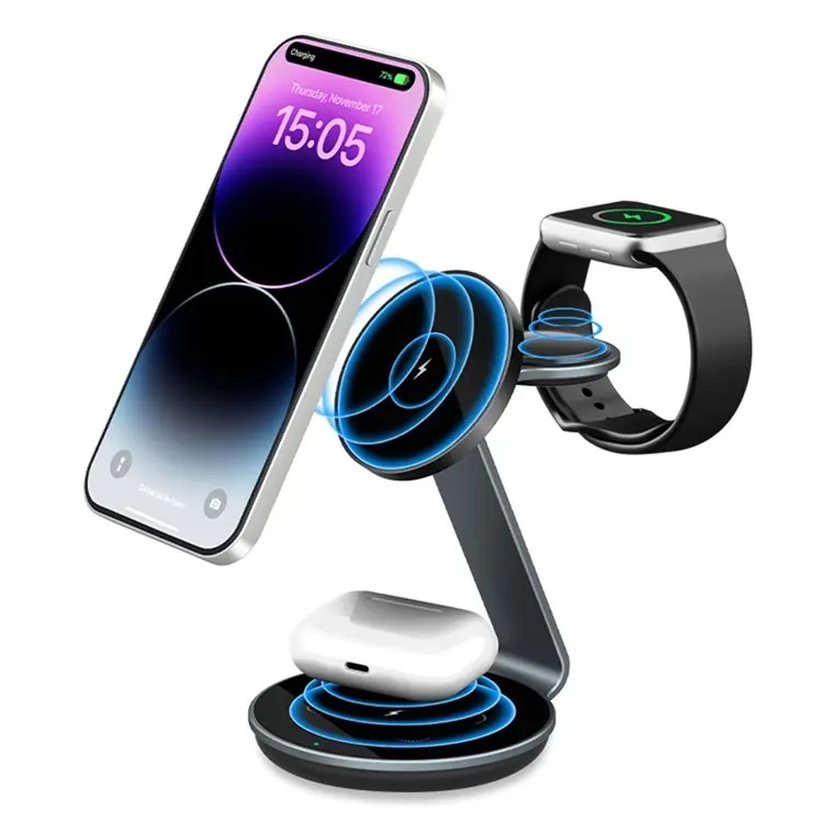 (15W) 3in1 MagSafe Ladegerät Qi Wireless Charger für Apple iPhone / Apple Airpods / Apple Watch Ladestation - Schwarz / Grau