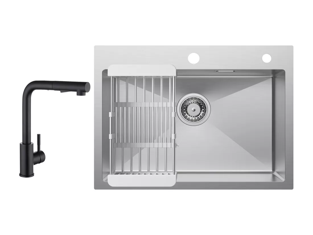 Cecipa max Évier 1 Bac 60×45CM Évier Inox Brossé avec Panier de Drainage + Noir Mitigeur de Cuisine avec Douchette Extractible 2 Modes de pulvérisat