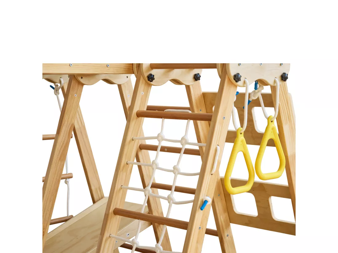 Aire de jeu 7 en 1 pour enfant - avec toboggan, barre d'escalade, balançoire, corde d'escalade, échelles en filet - couleur bois