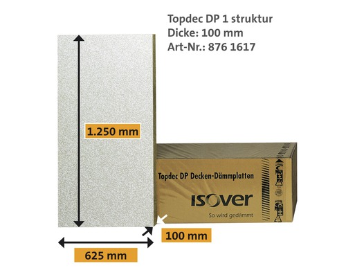 ISOVER Topdec DP 1 ondergrondse garage- en kelderplafondisolatie met structuurvlieslaminering, warmtegeleidingsgroep 035, 1250 mm x 625 mm x 100 mm