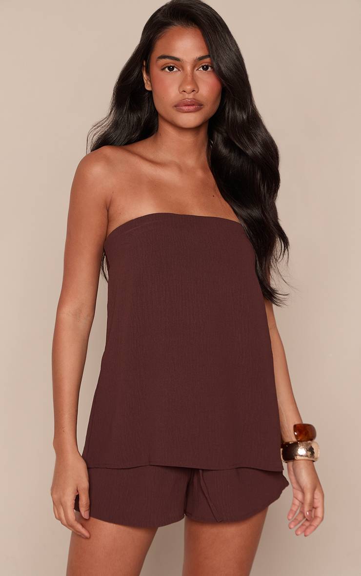 Marron Foncé Short Taille Nouée En Tissu Fluide Tissé Ensemble Coordonné