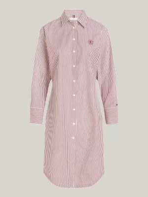Vestido camisa listrado com cintura marcada e modelagem solta