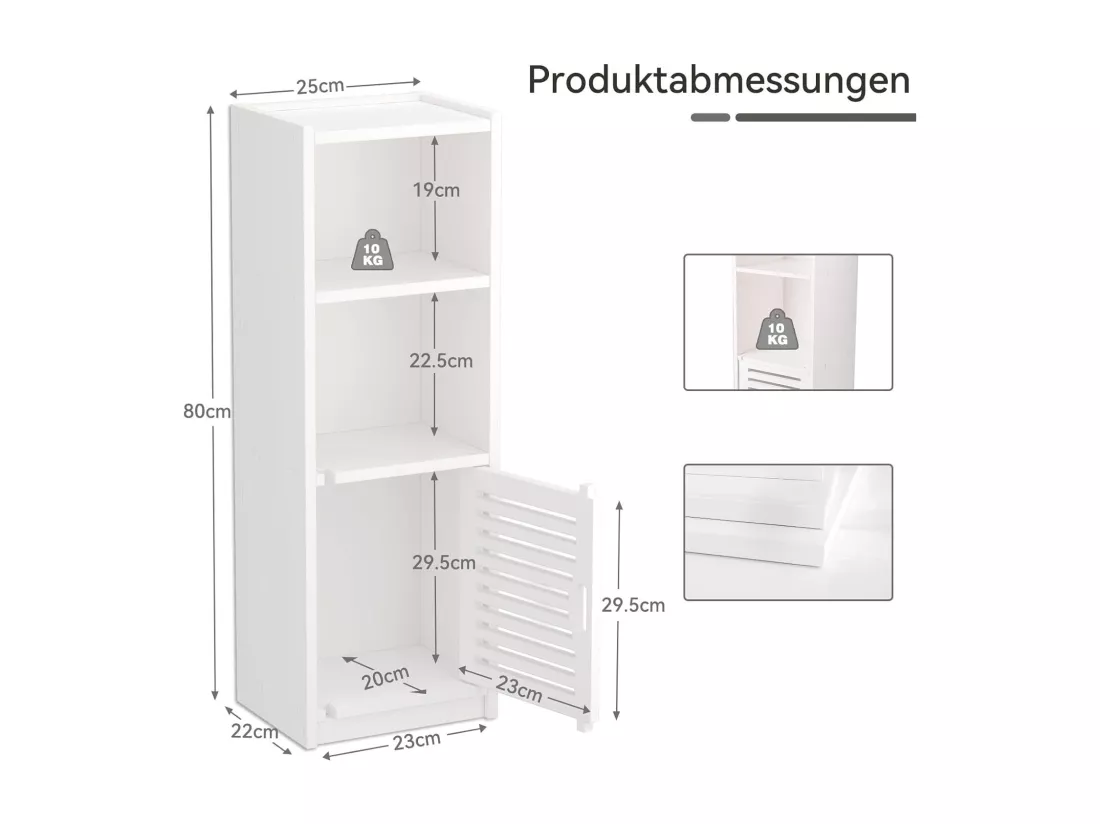 Meuble de salle de bain avec Petite porte 3 tiroirs,Meuble de Rangement avec Porte,étagère sur pied - 80x25x22cm - Blanc