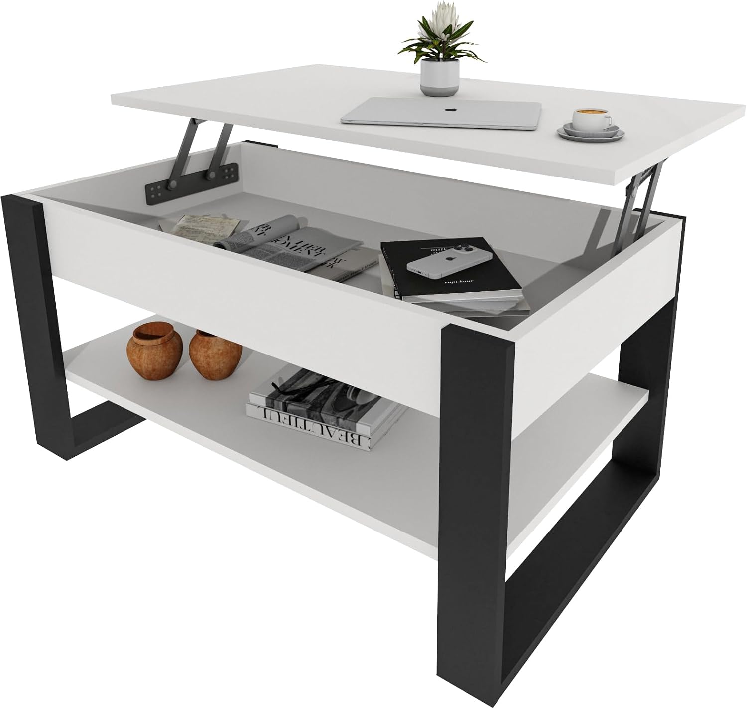 Couchtisch mit anhebbarer Platte | Höhenverstellbarer Wohnzimmertisch mit Stauraum | Sofatisch Weiß Schwarz modern mit Ablage & verstecktem Fach – Coffee Table für Wohnzimmer & Büro