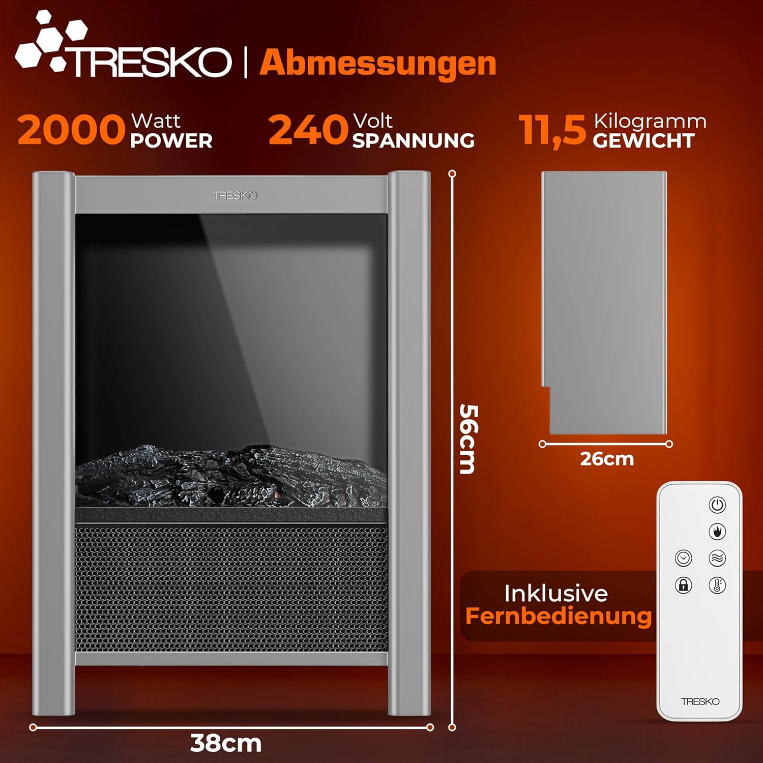 TRESKO® Elektrokamin mit Heizung & Fernbedienung 2000W, WiFi App | Kamin elektrisch LED-Flammeneffekt & LCD-Display | Kaminfeuer mit Thermostat, Timer | Elektro Kaminofen Standkamin Heizlüfter