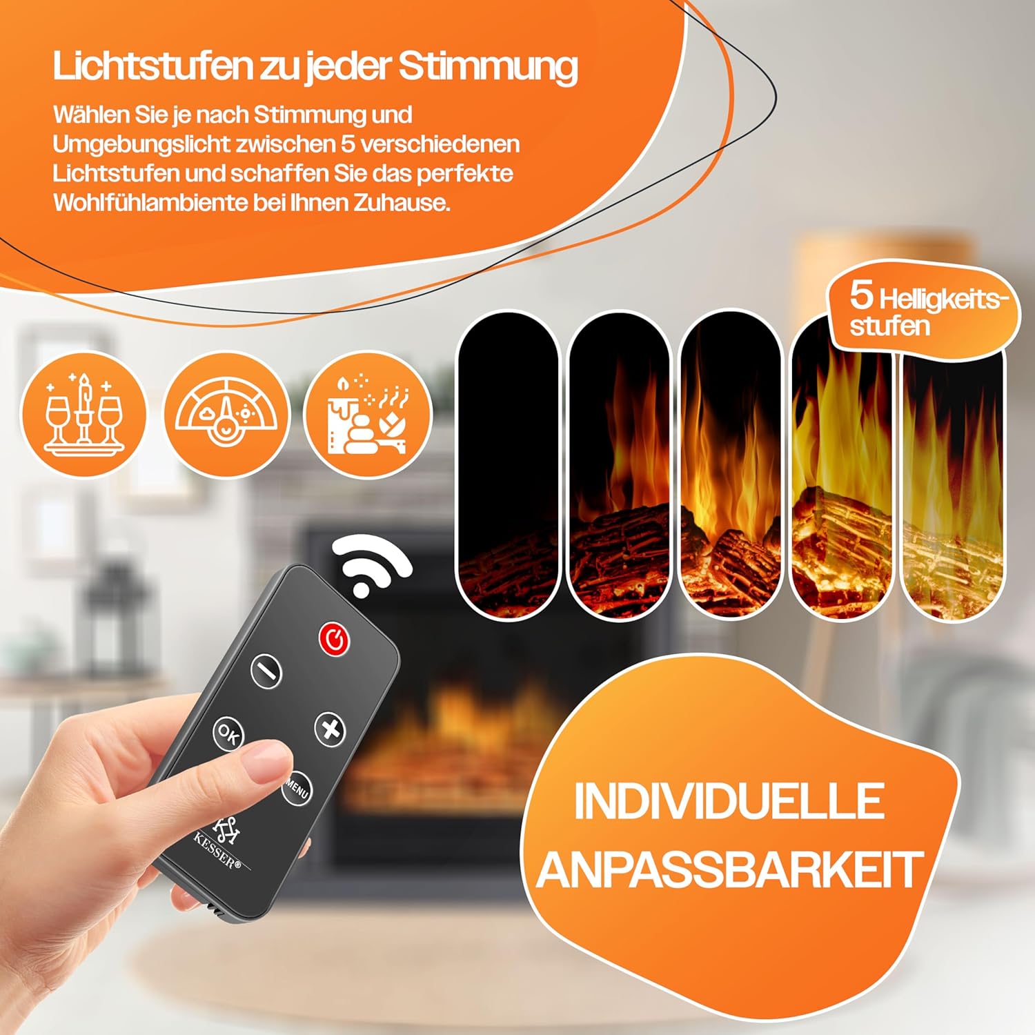 KESSER® Elektrokamin Standkamin - Kamin elektrisch mit LED 3D-Flammeneffekt, Mit Heizung Heizfunktion, Elektro Kamin mit 1800W Leistung, Timer, Thermostat, Fernbedienung, dimmbar, Natur/Braun