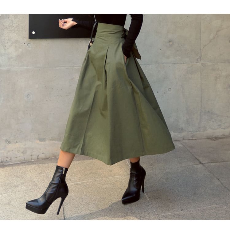 Lucuna - Hoge taille effen midi A-lijn rok