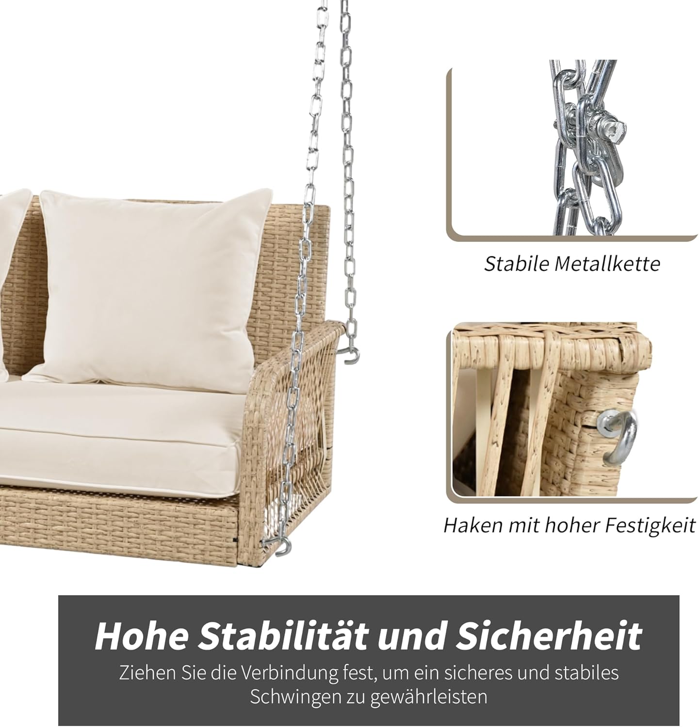 Merax Hängeschaukel 2-Sitzer, PE-Rattan Gartenschaukel mit Sitzkissen & Ketten, Hängebank Hollywoodschaukel Schaukelbank Gartenbank, Doppelschaukel für Garten Balkon Veranda, bis 320KG, Beige