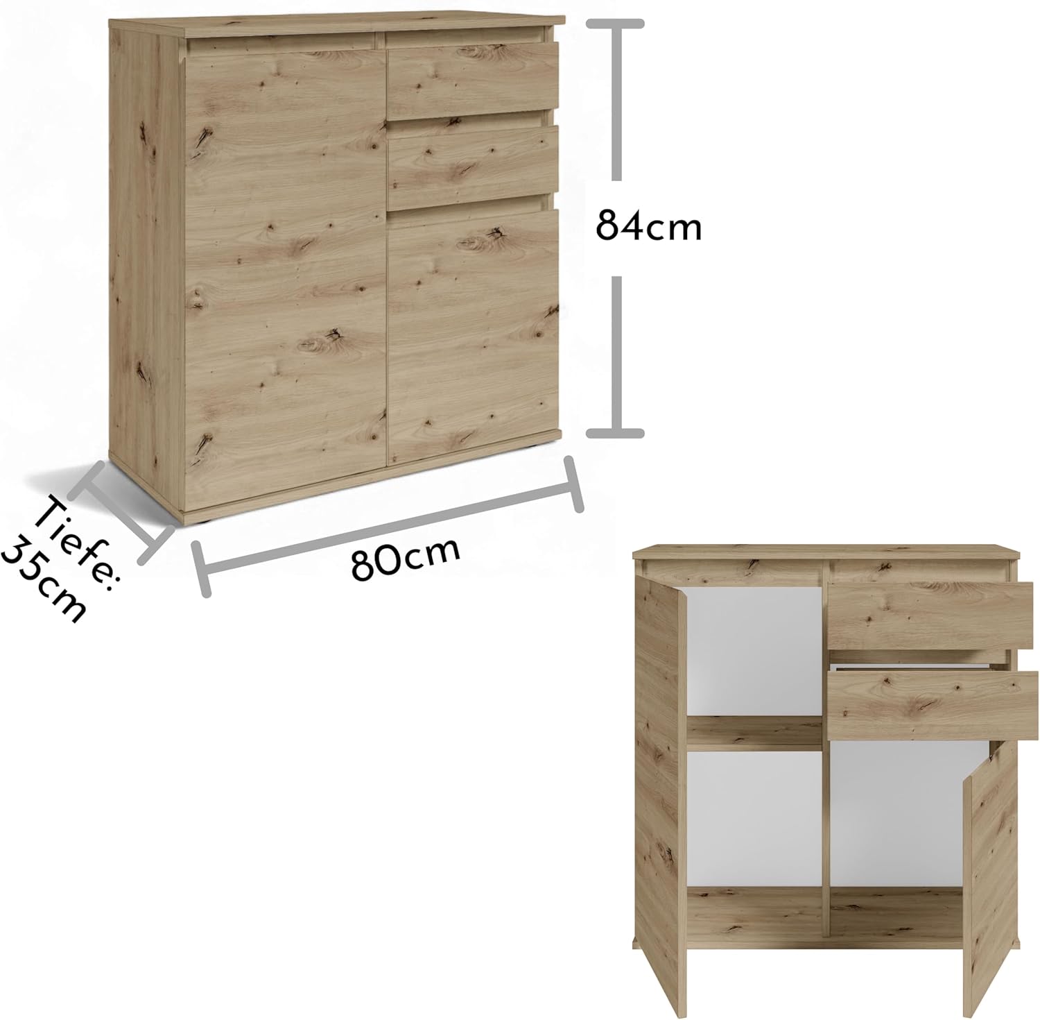Brest Kommode in Artisan Eiche Optik - Modernes Sideboard mit viel Stauraum - 80 x 84 x 35 cm (B/H/T)