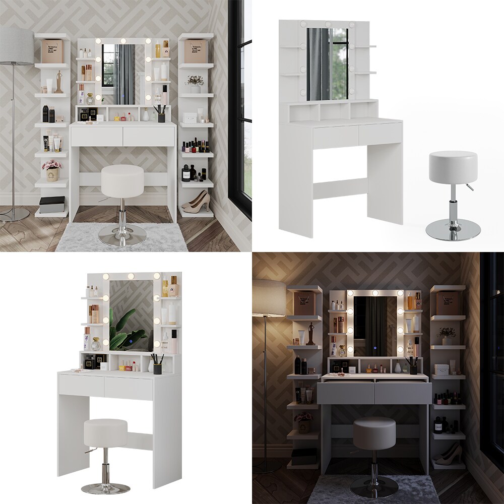 Vicco Schminktisch Taylor 80 x 146,5 cm Weiß modern LED Spiegel Hocker Frisiertisch