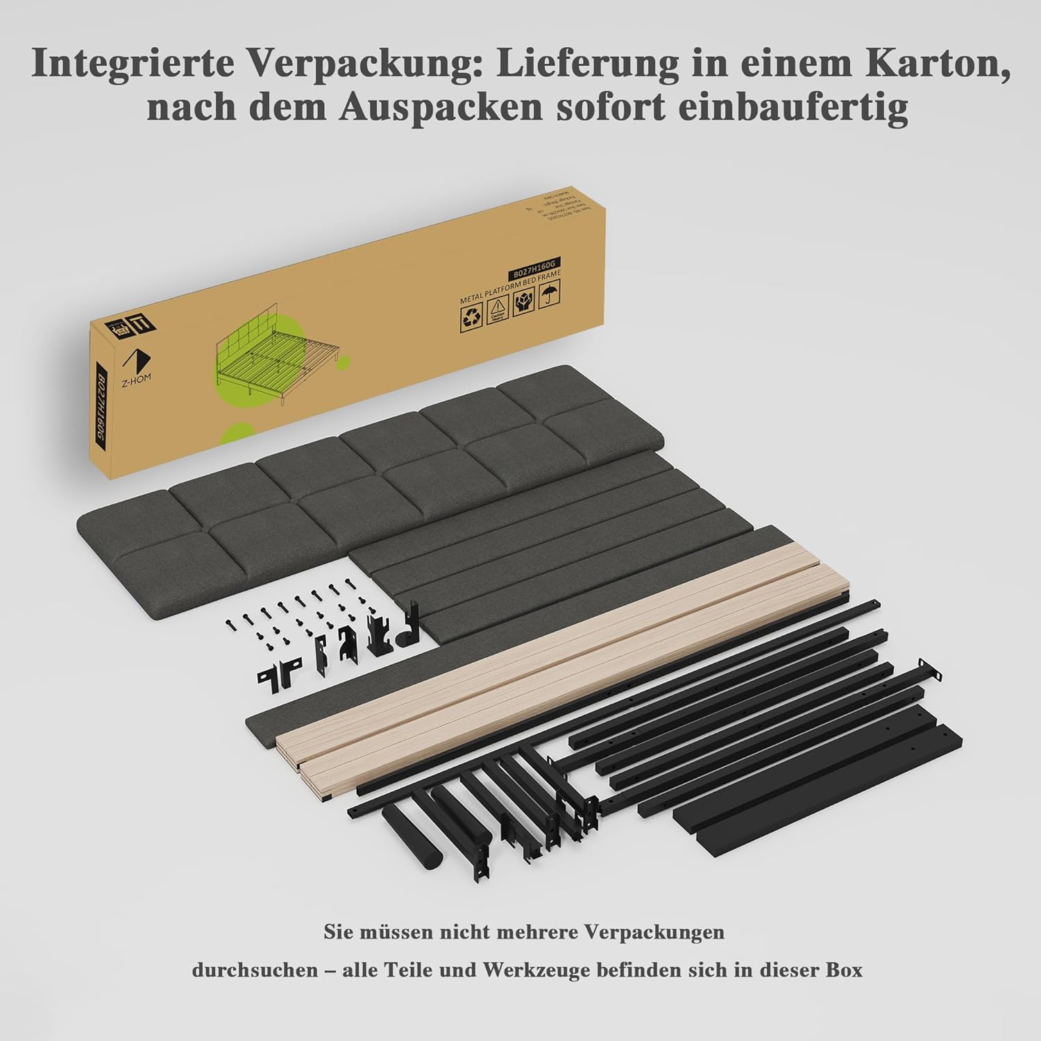 Z-hom Polsterbett 140x200cm Doppelbett, 32.5 cm Hohes Bett 140x200 mit Lattenrost aus Holz, Höhenverstellbares Kopfteil, Kompakte Verpackung & Einfache Montage