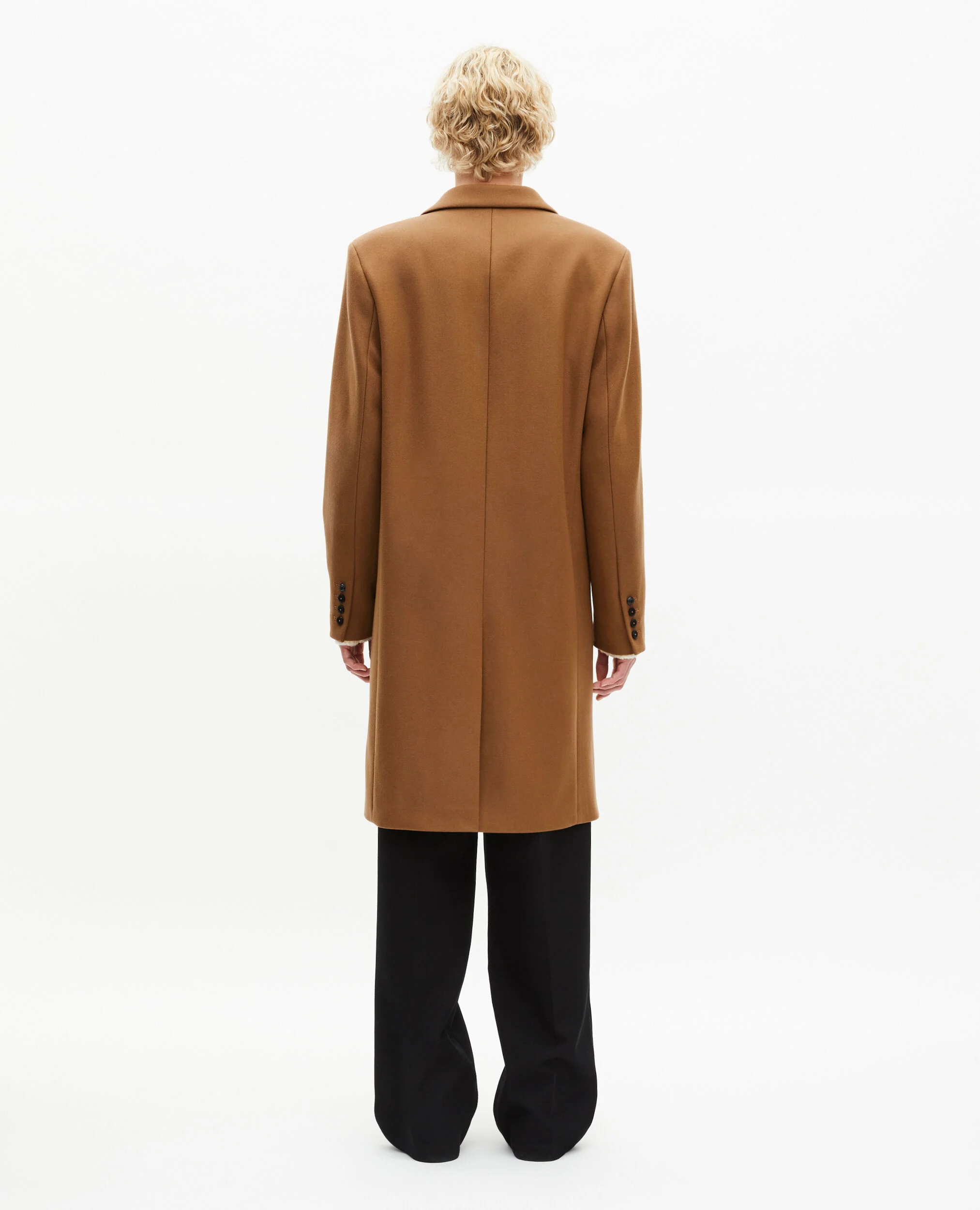 Manteau en laine col revers en cuir camel