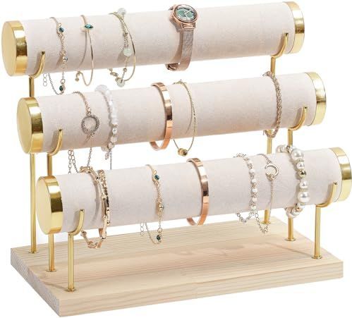 ProCase - Armbandhouder - Beige - Fluwelen Wrap - Houten Sokkel