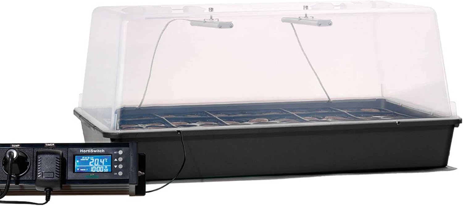 Romberg Maximus Complete LED | Gewächshaus mit Belüftung | LED Beleuchtung | Heizmatte | Thermostat & 77 Quelltabletten | 59 x 39 x 27 cm