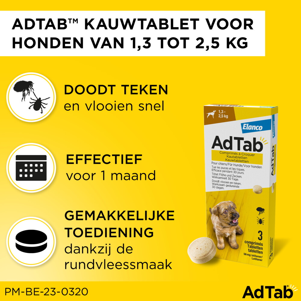AdTab Anti Vlo en Teek Kauwtabletten Hond 1,3-2,5 kg3 tabletten