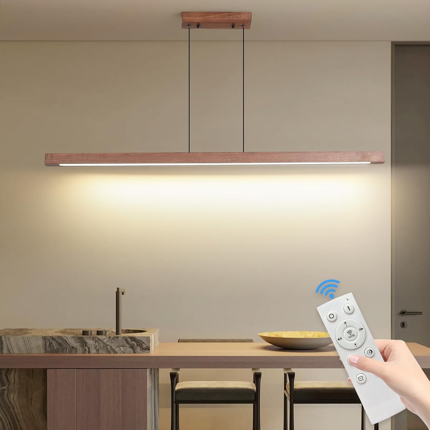 Mikeru 120cm Walnuss LED Pendelleuchte, Modern Esszimmer LED Hängeleuchte Von 1cm bis 150cm Höhenverstellbar 10% bis 100% Dimmbare Beleuchtung Licht 3000k/4500k/6500k für Wohnzimmer