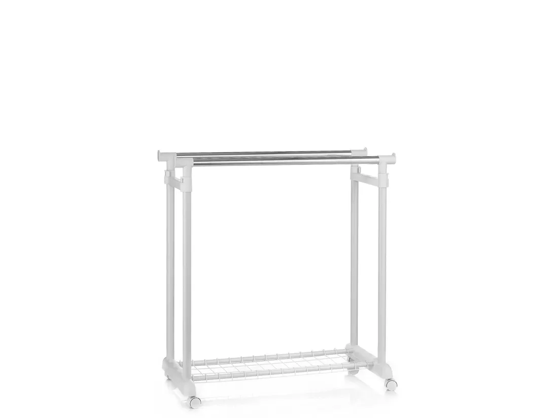 Portant à vêtements GROSSO penderie double sur roulettes vestiaire mobile barres de hauteur réglable et 1 tablette, chromé et blanc