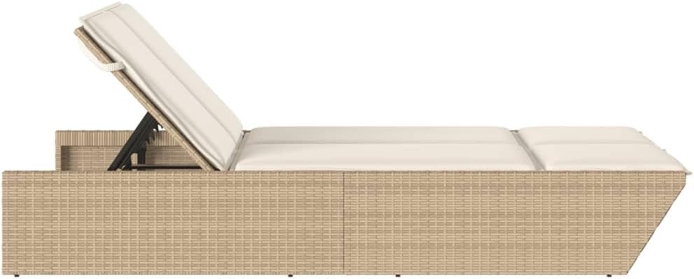 IKAYAA Doppelliege Outdoor 2 Personen Verstellbar Sonnenliege 2 Personen Rattan Sonnenliege Sonnenbett Loungebett Gartenbett mit Auflage Liege Outdoor Rattanliege Beige und Creme