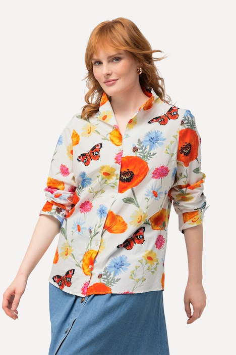 Bluse, Blüten, Schmetterlinge, Kelchkragen, Langarm