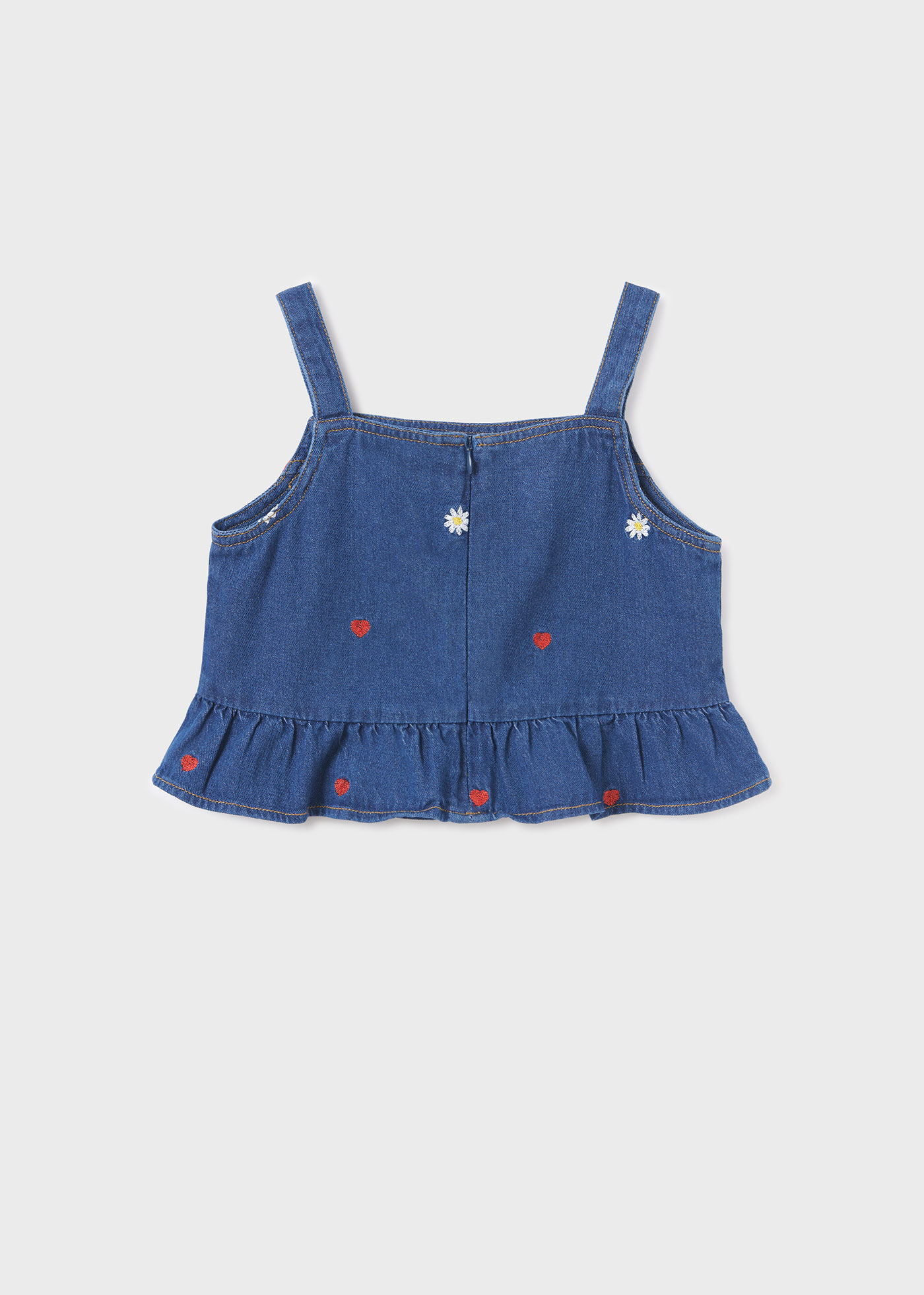 Top jeans com bordados em algodão sustentável para meninas