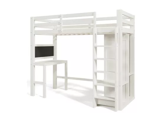 Lit mezzanine 90x200 cm en bois de pin - avec bureau, armoire et étagères - Blanc