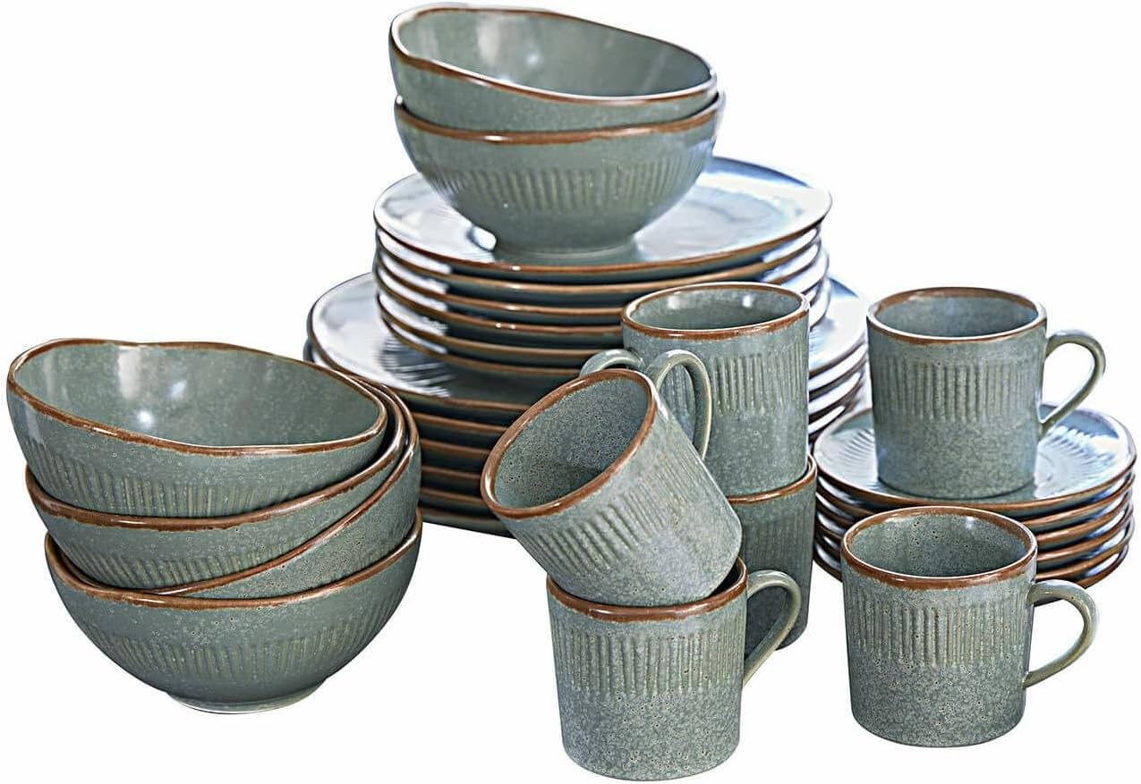 LOBERON Geschirr 30er Set Périers, Handgetöpferte Optik, Spülmaschinenfest und Mikrowellengeeignet, 3D-Rillenmuster, Tischaccessoires, Steinzeug, türkis/braun