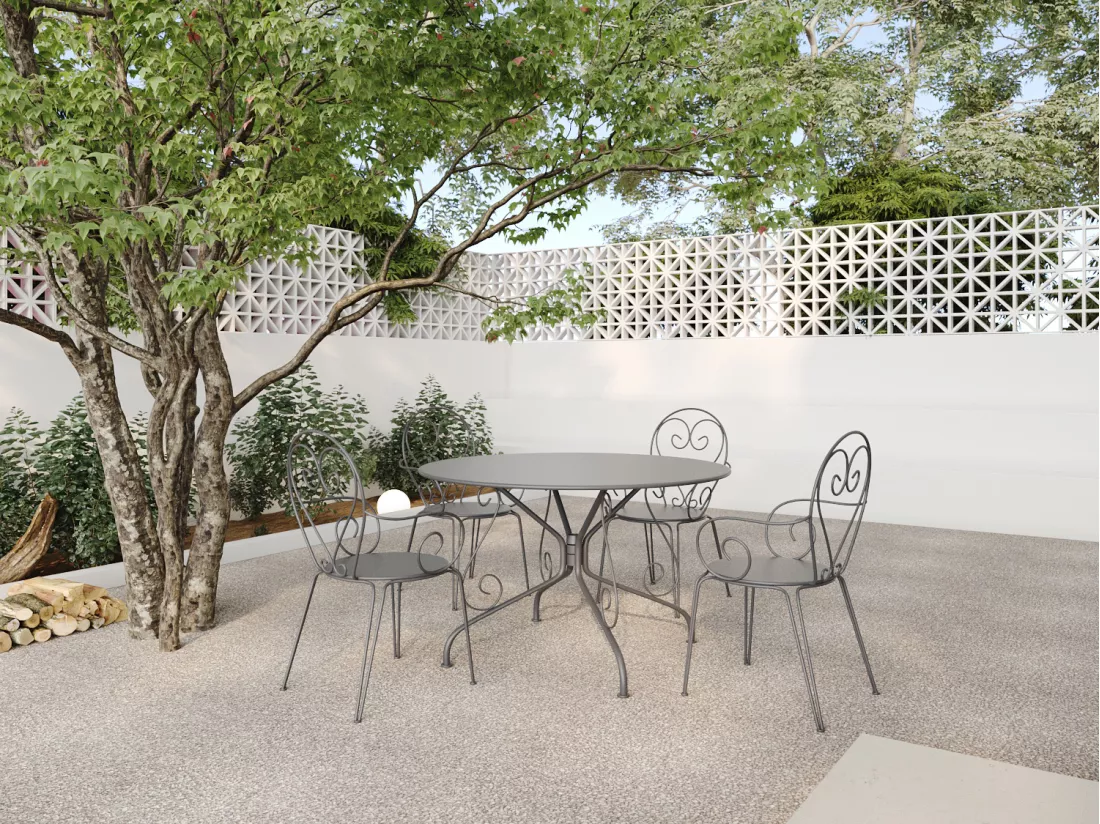Salle à manger de jardin en métal façon fer forgé : une table D.120cm et 4 fauteuils empilables - Anthracite - GUERMANTES de MYLIA
