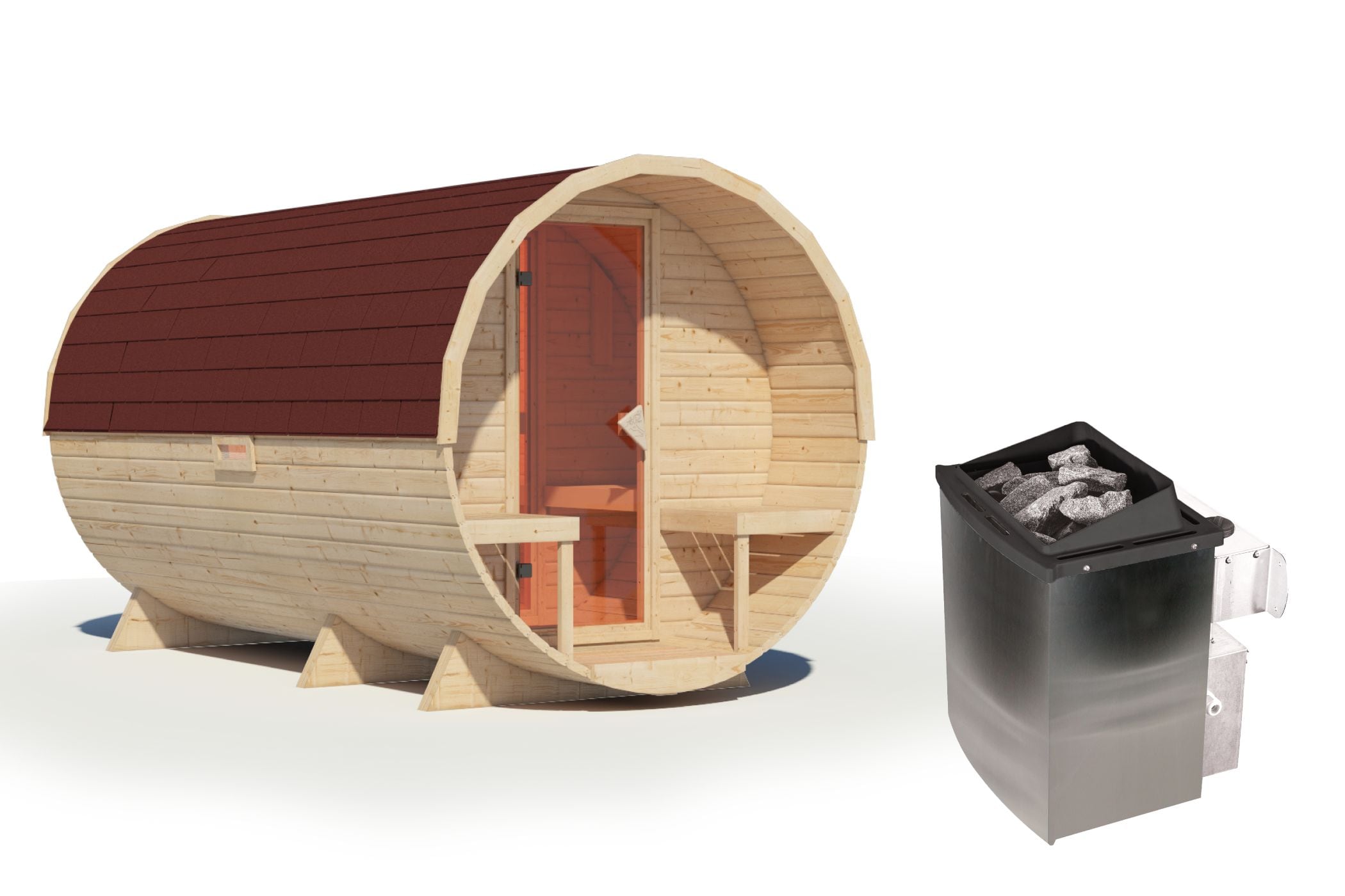 Karibu Fasssauna 3 - 38 mm Saunaofen eingebaute Steuerung 9 kW inkl. Dachschindeln