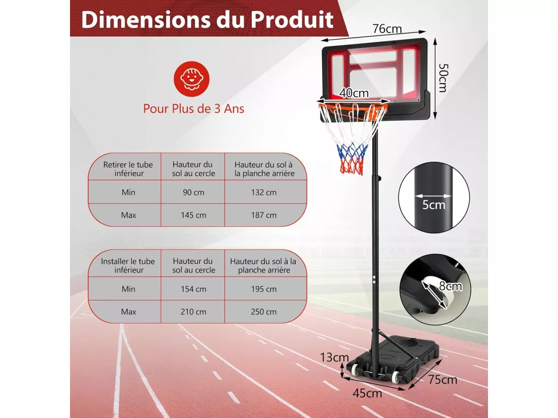 Panier de Basketball sur Pieds avec Hauteur Réglable 90-210 CM, Support de Basket Portable à roulettes avec Panneau en PE, Intérieur & Extérieur pour Adultes ou Enfants de 3 Ans+