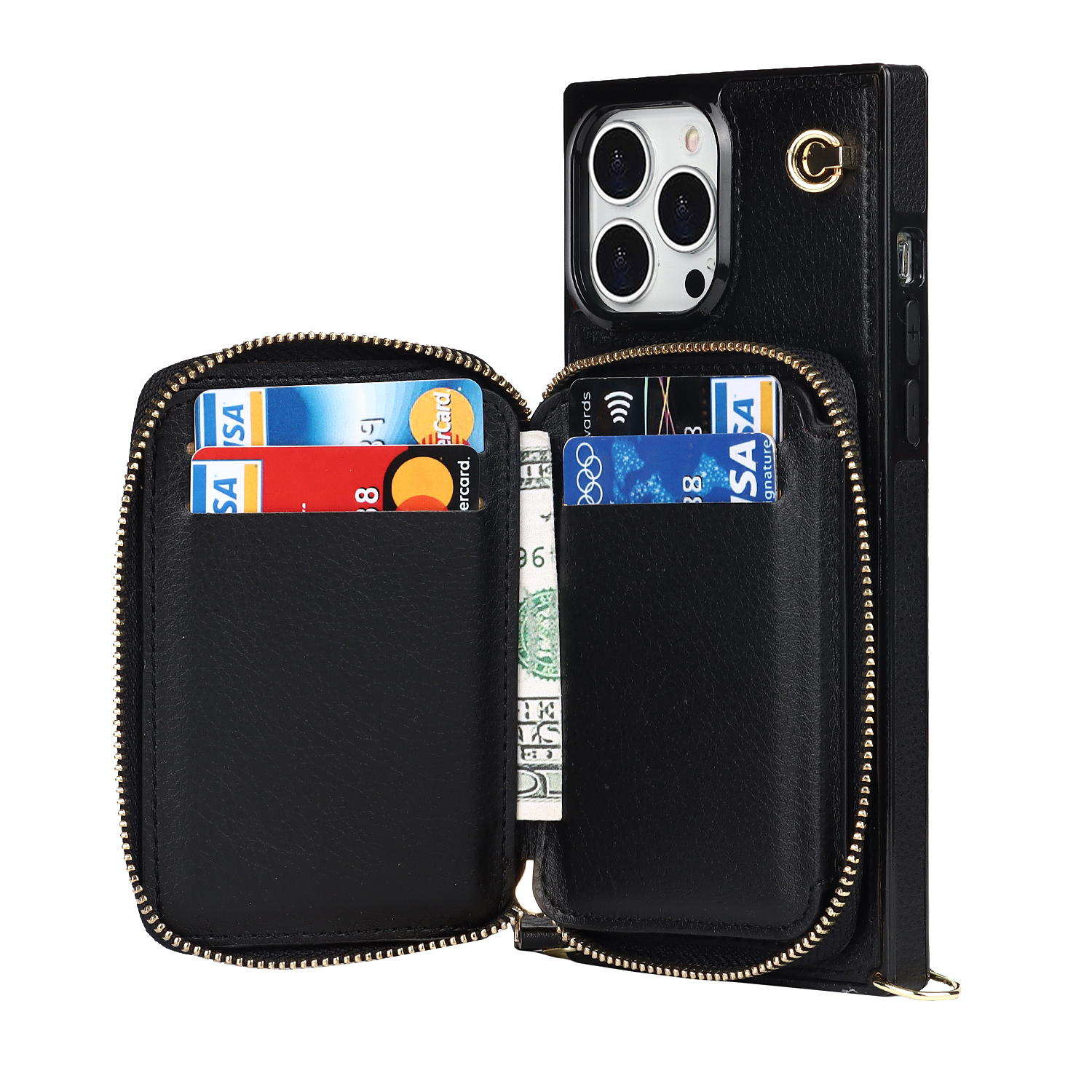 iPhone 13 Pro Necklace Leder Schutz Hülle mit Kartenfächer   Handykette (140cm) - Schwarz