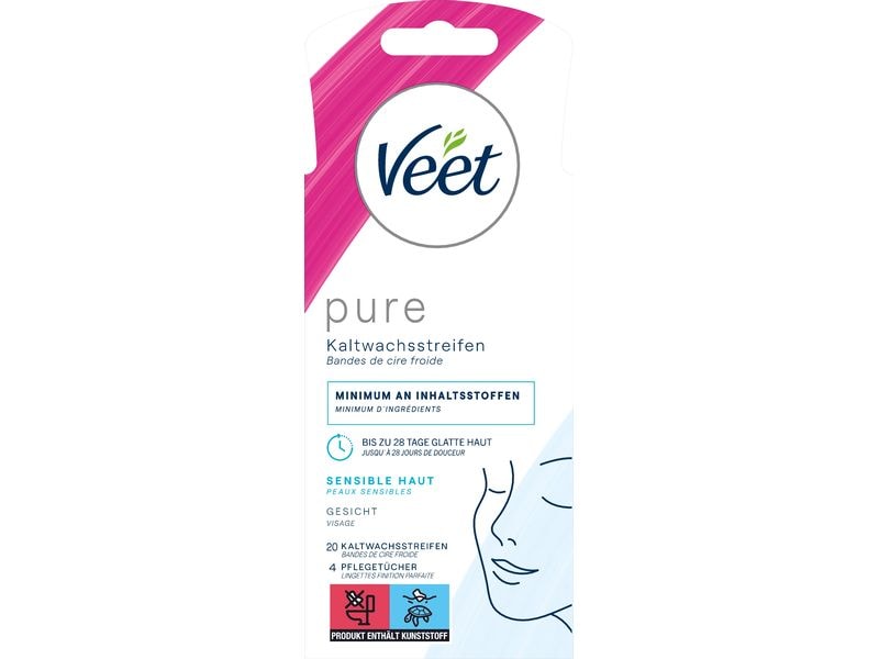 Veet Kaltwachsstreifen Gesicht Sensible Haut 20 Stück Praktische Kaltwachsstreifen mit spezieller Gel Formel und Mandelöl