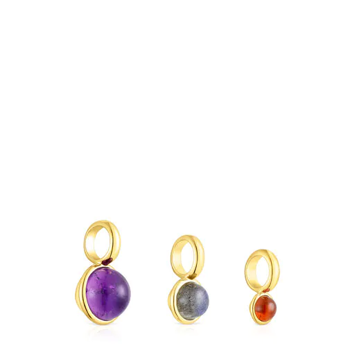 Conjunto de três pingentes com banho de ouro 18k sobre prata e pedras preciosas.