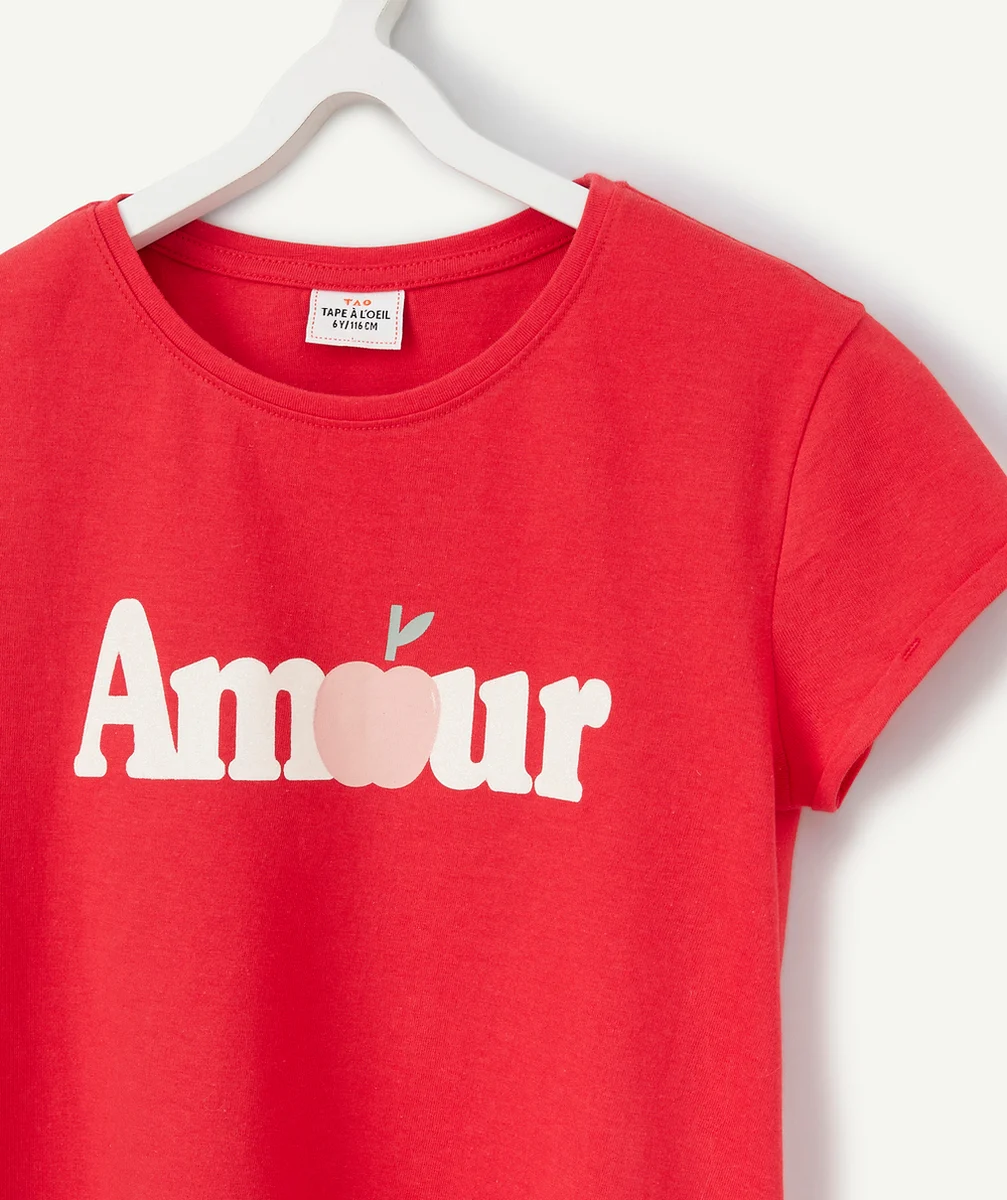 T-SHIRT FILLE ROUGE EN COTON BIOLOGIQUE AVEC MESSAGE AMOUR