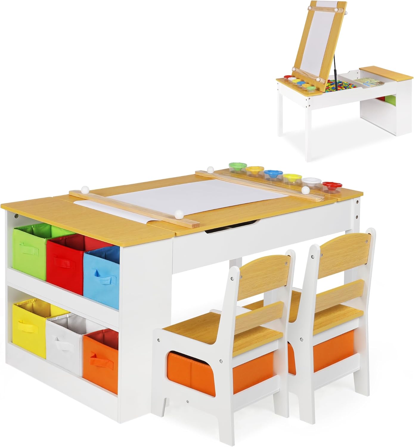 GRAVFORCE Kindertisch mit 2 Stühlen Maltisch & Basteltisch Kinder mit anhebbarer Tischplatte Spieltisch Kinderzimmer mit Stauraum Farbbechern 8 Stoffbehältern für Kinder ab 3 Jahren (Natural)