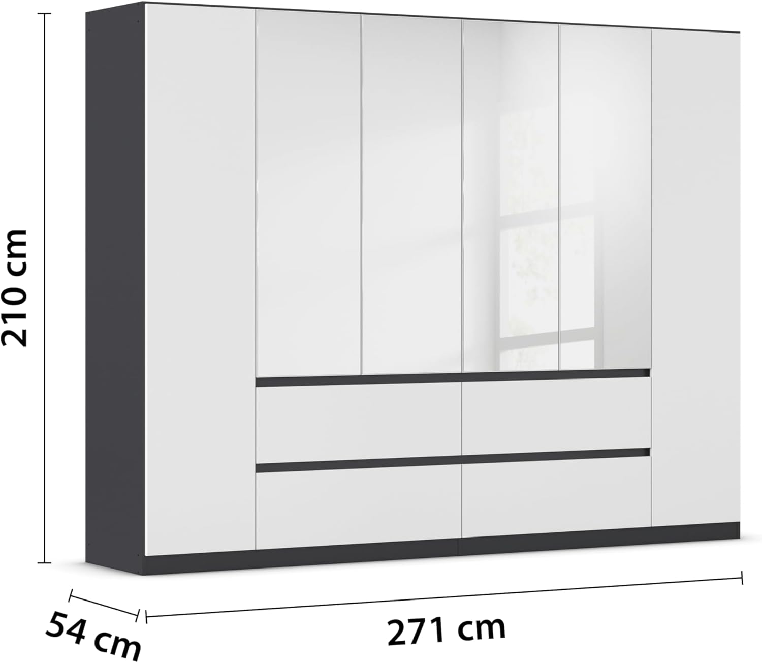Rauch Möbel Mainz Schrank Kleiderschrank Drehtürenschrank Weiß-Grau metallic, Schwarz, 6-türig Spiegel, 4 Schubladen, Zubehörpaket Basic 4 Einlegeböden, 4 Kleiderstangen, grifflos BxHxT 271x210x54 cm