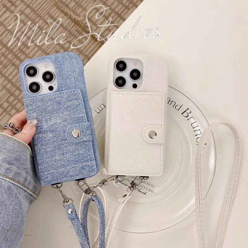 Muniepolis - Denim kaarthouder lanyard telefoonhoesje - iPhone X / XS / XR / XS Max / 11 / 11 Pro / 11 Pro Max / 12 mini / 12 / 12 Pro / 12 Pro Max / 13 / 13 Pro / 13 Pro Max / 14 / 14 Pro / 14 Plus / 14 Pro Max / 15 / 15 Pro / 15 Pro Max / 15 Plus