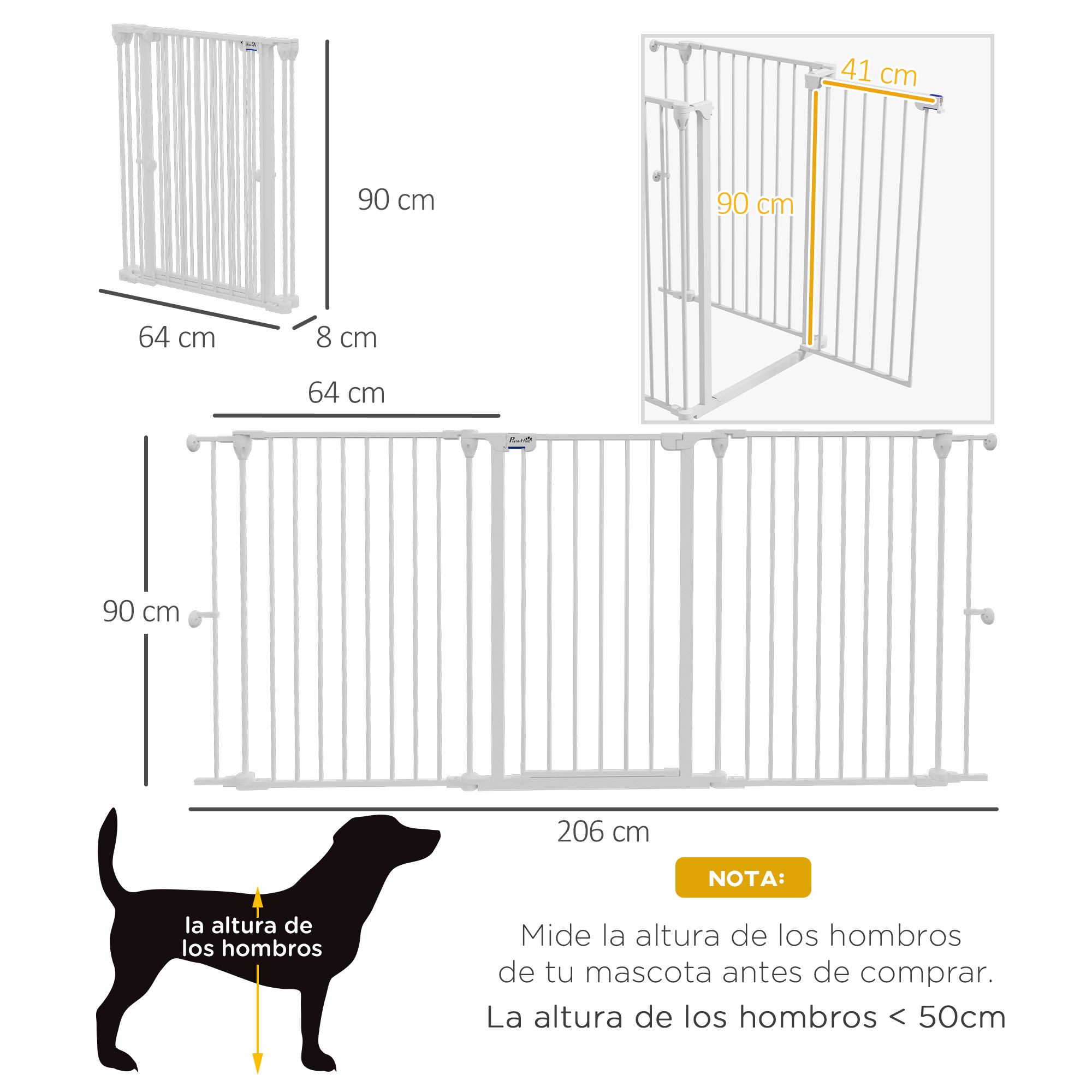 Portão de aço para cães PawHut, cerca dobrável de 3 painéis com trava dupla e função de travamento auxiliar para portas, corredores e escadas, 206 x 90 cm, branco