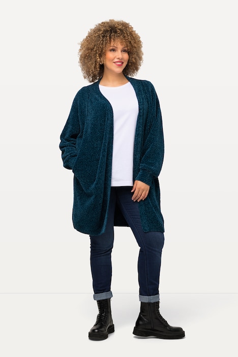 Chenille-Strickjacke, Oversized, V-Ausschnitt, offene Form