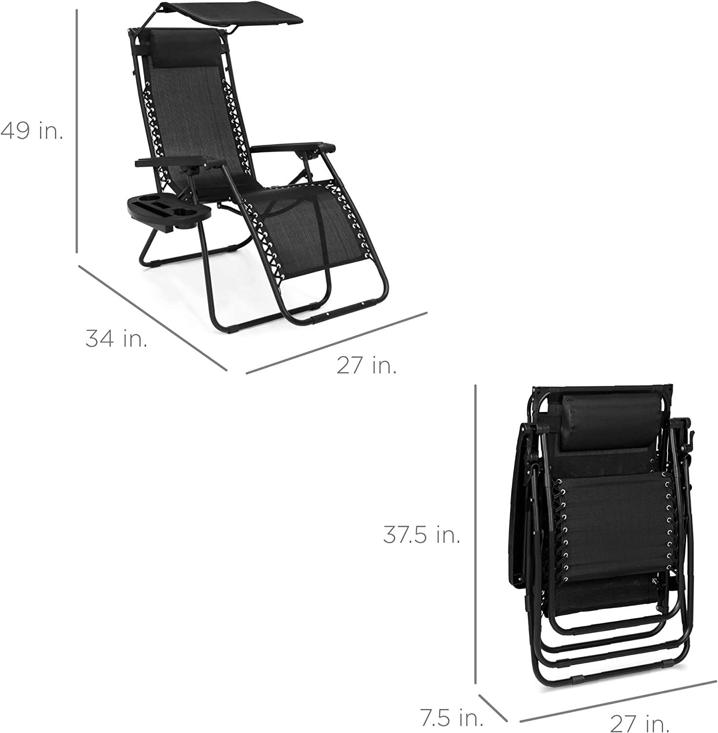 Folding Zero Gravity Outdoor Recliner Patio Lounge Chair w/Adjustable Canopy Shade, Headrest, Side Accessory Tray, Textilene Mesh - Beige