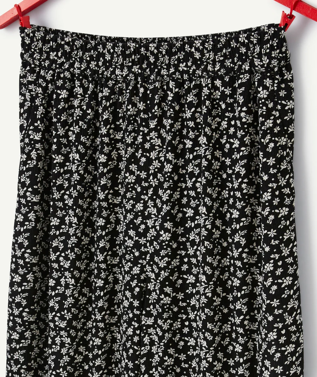 PANTALON LARGE FILLE EN VISCOSE RESPONSABLE NOIR AVEC IMPRIMÉ FLEURI