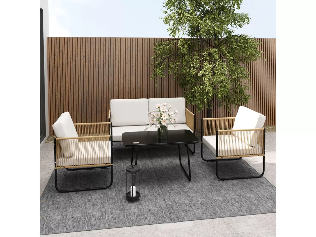 Salon de jardin 4 personnes 4 pièces style colonial acier noir résine filaire naturel