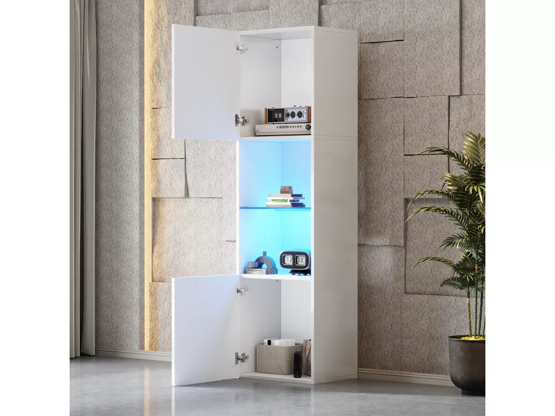 Vitrine avec 2 portes et 1 étagère en verre - 45 x 35 x 160 cm - LEDs - Panneaux de particules - Blanc brillant