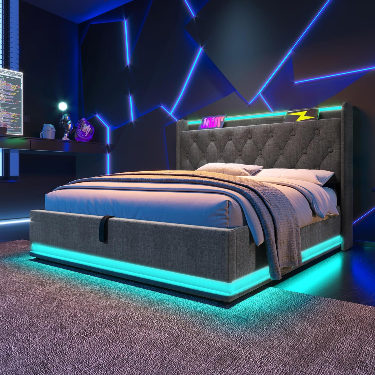 Polsterbett Doppelbett 180x200, LED Jugendbett Hydraulisch Stauraumbett Funktionsbett Bettgestell mit Stauraum & Lattenrost, Kopfteil mit USB Typ-C Ladefunktion & Staufach, Leinen, Ohne Matratze, Grau